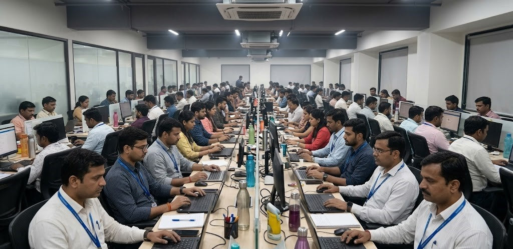 Open plan office India crowded desks high density workspace employees poor air quality