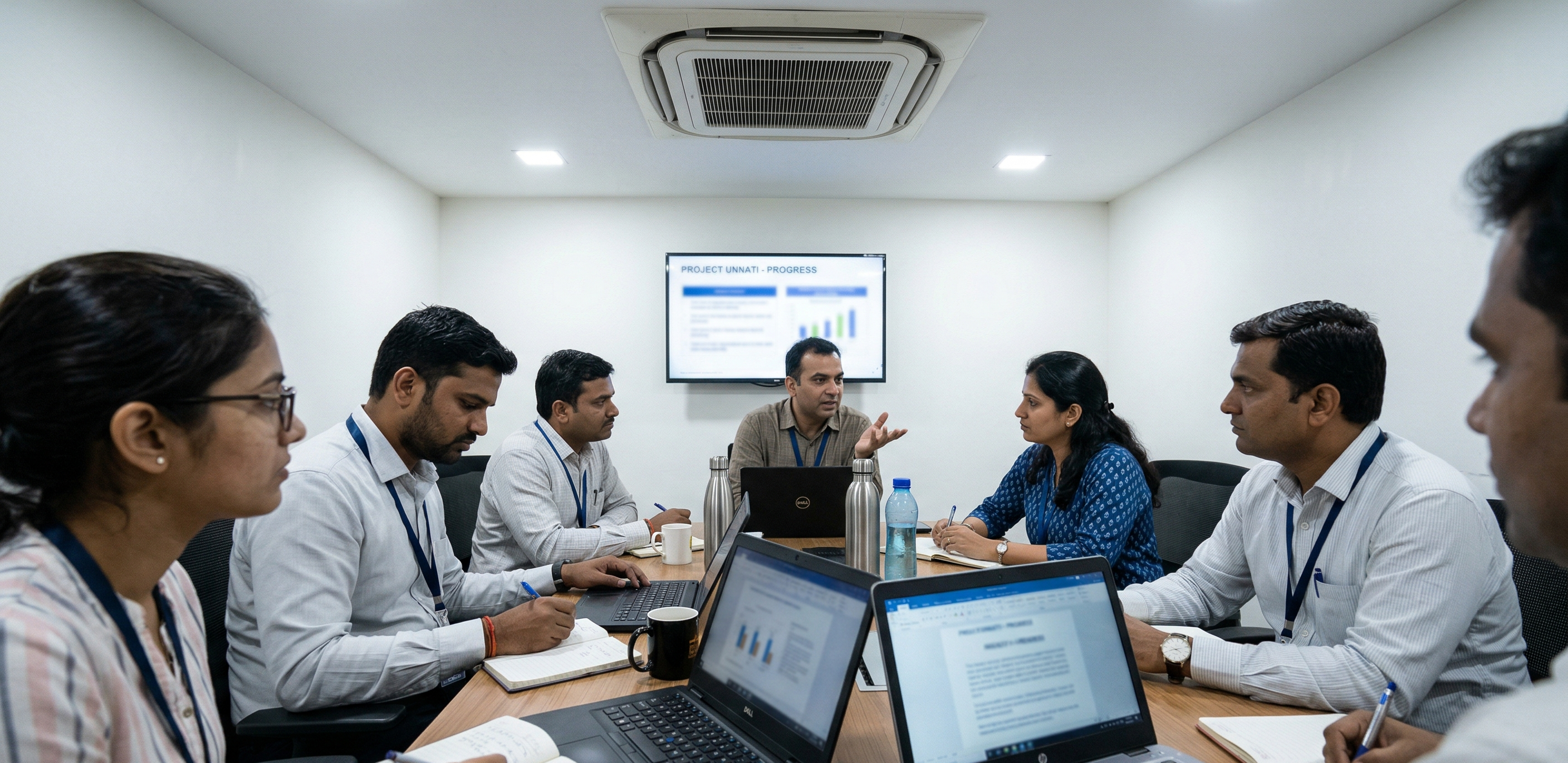 Crowded corporate meeting room India sealed space multiple people conference hall air quality