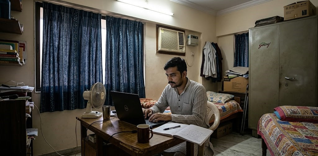 Work from home office India apartment sealed space indoor air quality monitoring WFH professional