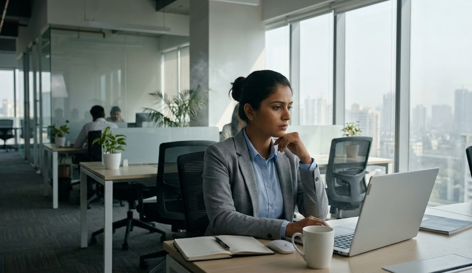 Professional at desk in Indian office with air quality concerns indoor pollution workplace