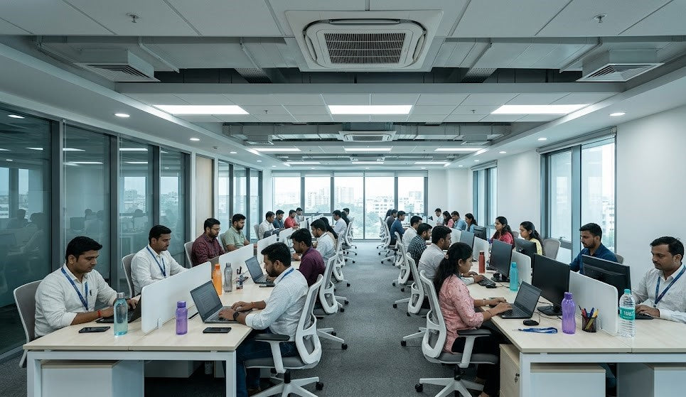 Office with central AC air conditioning system employees working sealed environment ventilation