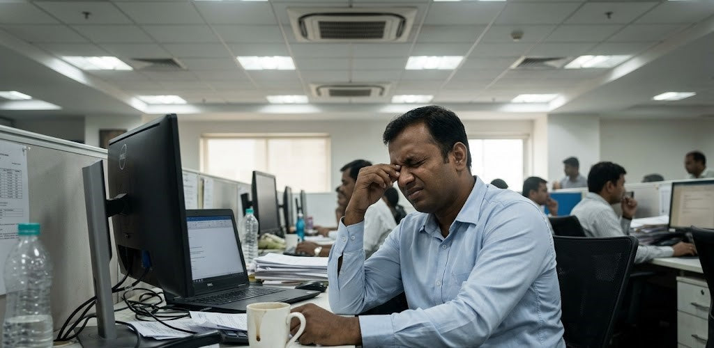 Office worker experiencing afternoon fatigue headache dry eyes symptoms poor indoor air quality